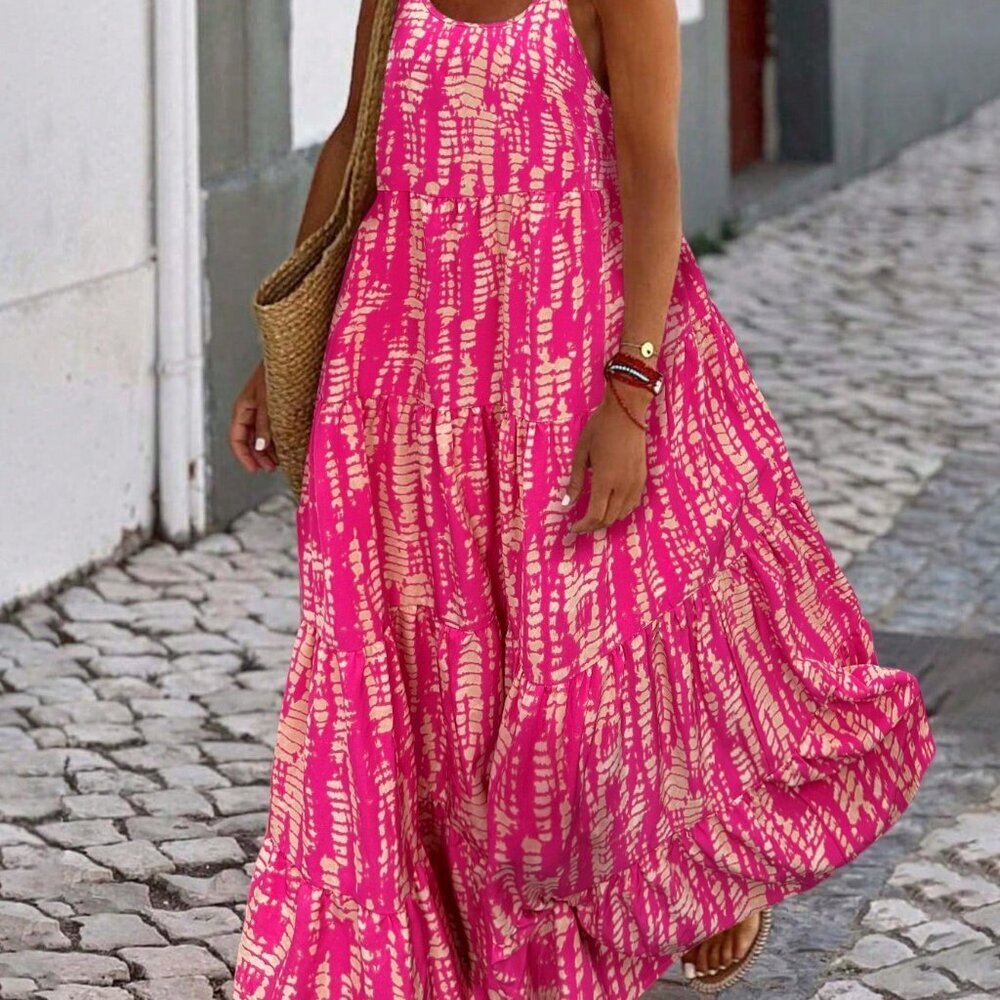 Hot Pink Boho Women's Holiday Casual Random Printed Strappy Dress Maxi Outfit - Picture 1 of 7